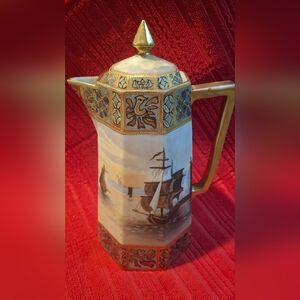 Hand-Painted Nautical Ship Pitcher in Gold Trim